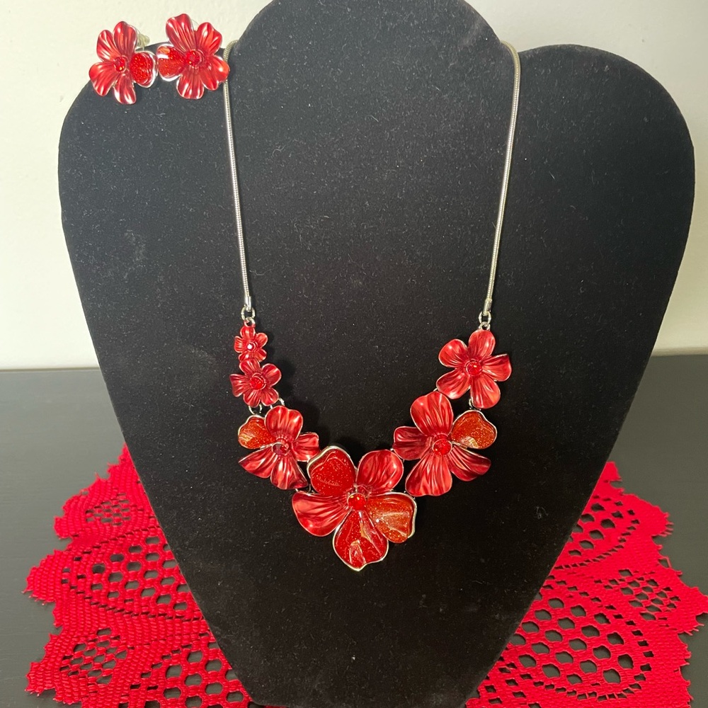 Floral Red Necklace and Earring Set